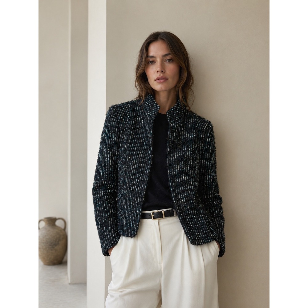 Lafayette 148 Jacket Womens 6 Navy Blue Mohair Alpaca Striped Open Front Blazer